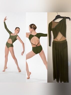 AA dance design solo costume green 2 piece illusion stoned Arise leotard XSA